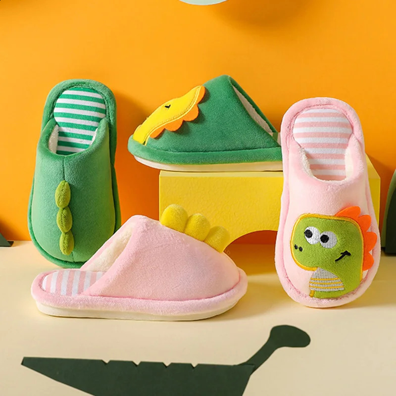 Children Cartoon Dino Fur Slipper Soft Autumn Winter Warm Princess Baby Boy Girl Indoor Home Bedroom Kid Cotton Fleece Fur Shoes 241223