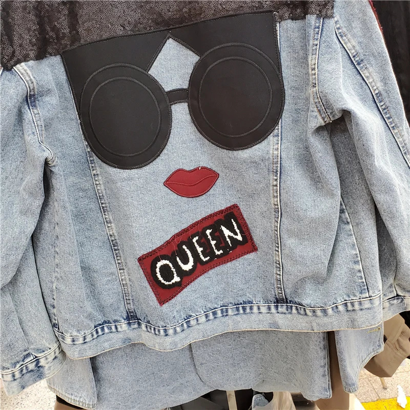 Leopard Turndown Collar Splicing Denim Jacket Women Loose Cow Outerwear Sequins Patch n Big Pocket Jeans Jacket Female 241223