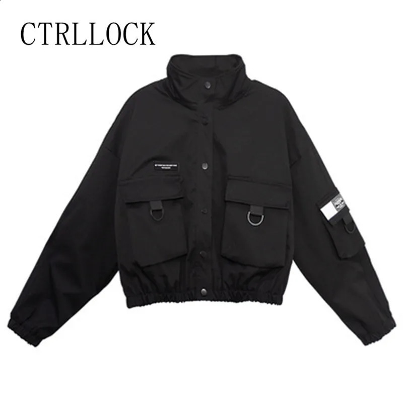 CTRLLOCK Techwear Women Black Stand Collar Jacket Casual Long Sleeve Pocket Female Outerwear Hiphop Fashion 241218