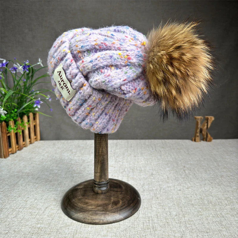 2024 Fashion Natural fur pompom hat for women High quality mix-Color Travel Beanies Winter Hats for women Warm Female beanie241224