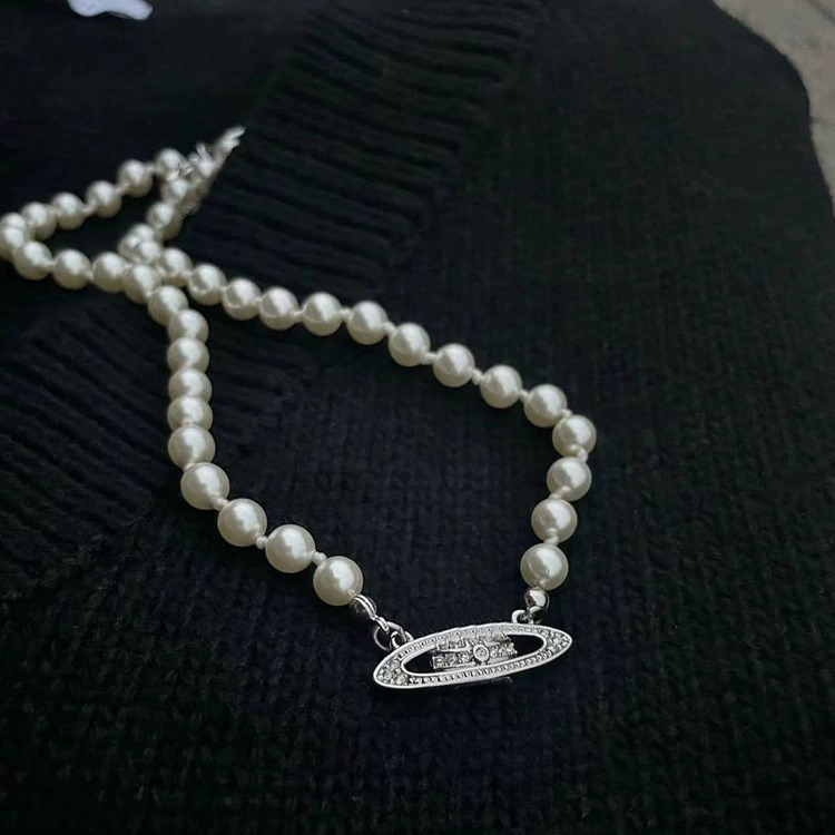 Ladies Pearl Necklace With Delicate Alien Spacecraft Pendant Silver Tone Women s Fashion Jewelry Cosmic Accessory