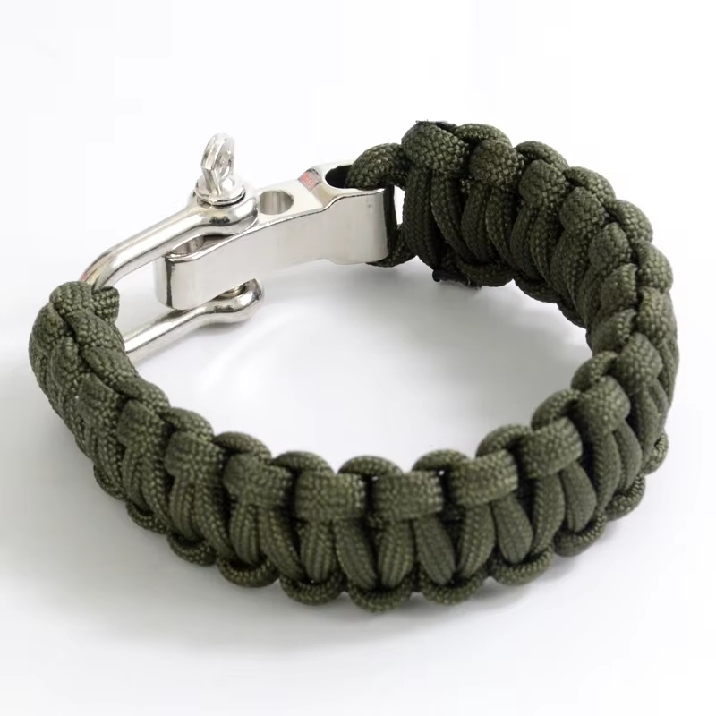 outdoor adjustable paracord survival bracelet custom 550 parachute cord wristband with metal shackle