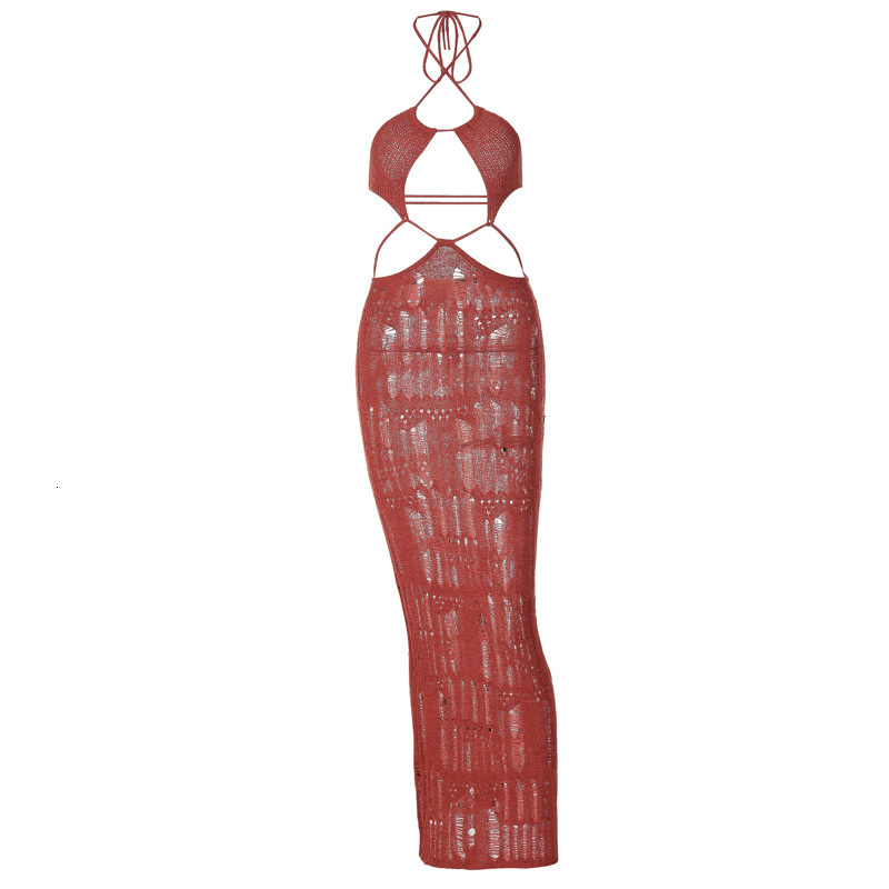 Women Sexy Hallow Out Halter Backless Knitted Long Dress Party Club Streetwear Bodycon Dresses Chic Bandage See-through Vestidos