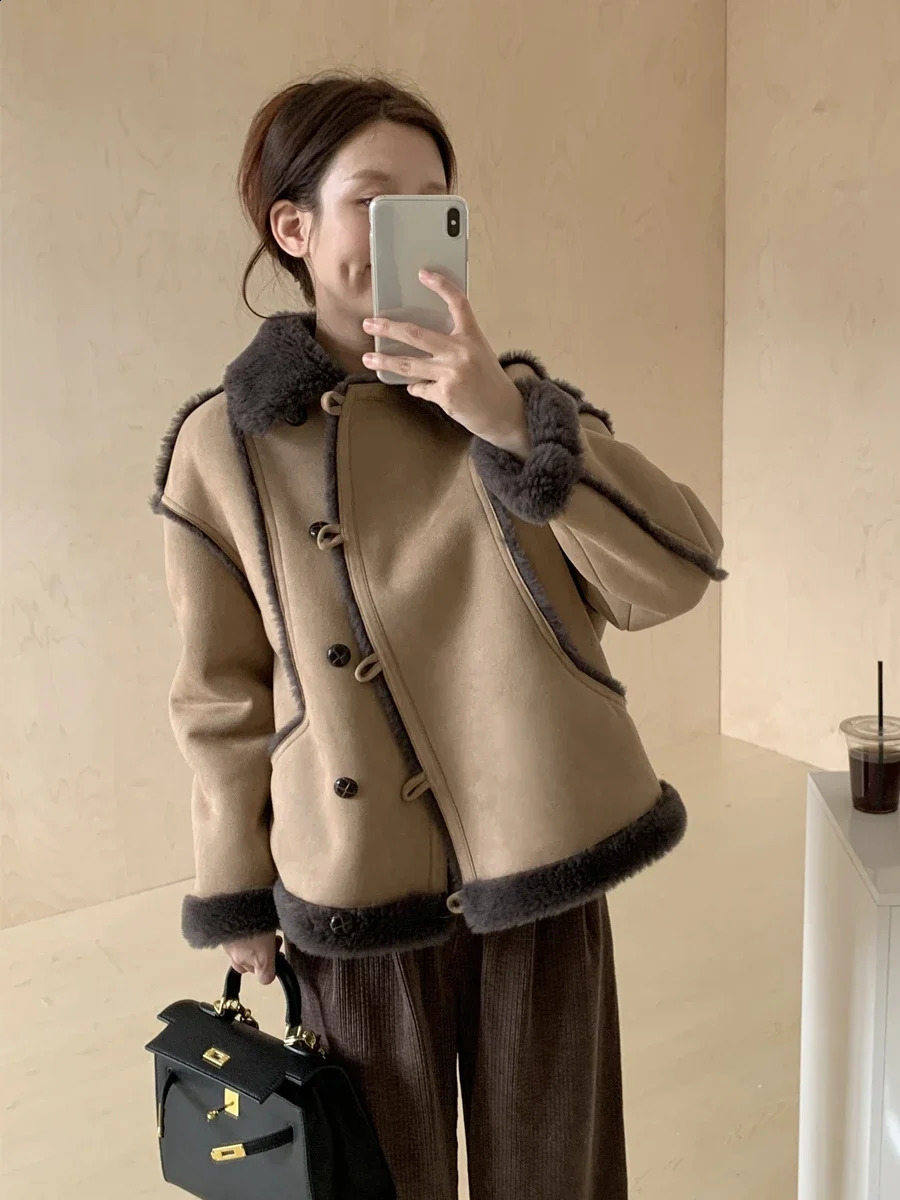 Korean fur integrated suede lamb wool locomotive clothing autumn and winter short jacket womens coat 241218
