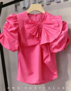 2024 New Fashionable and Stylish Solid Color Versatile Wrinkle Bow Split Bubble Sleeve Shirt Womens Top Trendy 241223