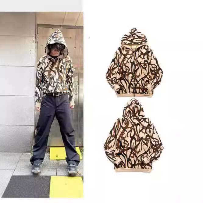 High Trendy Brand Hip Hop Street Ins Celebrity Same Style Thorn Full Print Zipper Hoodie Coat