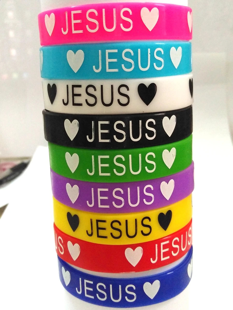 50pcs JESUS silicone Bracelets JESUS LOVES YOU rubber Wristbands Men Women Religious Cuff Children Jesus Jewelry Wholesale 241224