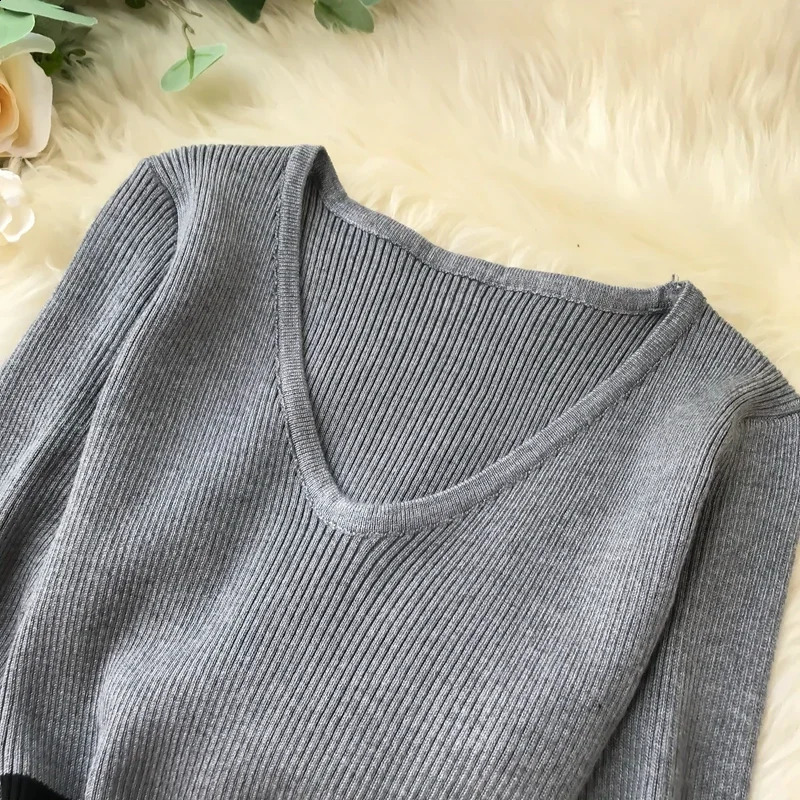 Women Autumn Winter Sweater Dress Fashion Patchwork V Neck Slim Elastic Warm Bodycon Pullovers Knitting 241218