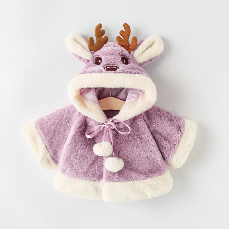 Cute Elk Plush Baby Jacket Autumn Winter Baby Girls Coat Warm Hooded Outwear Christmas Princess Cloak Toddler Girl Clothes 241223