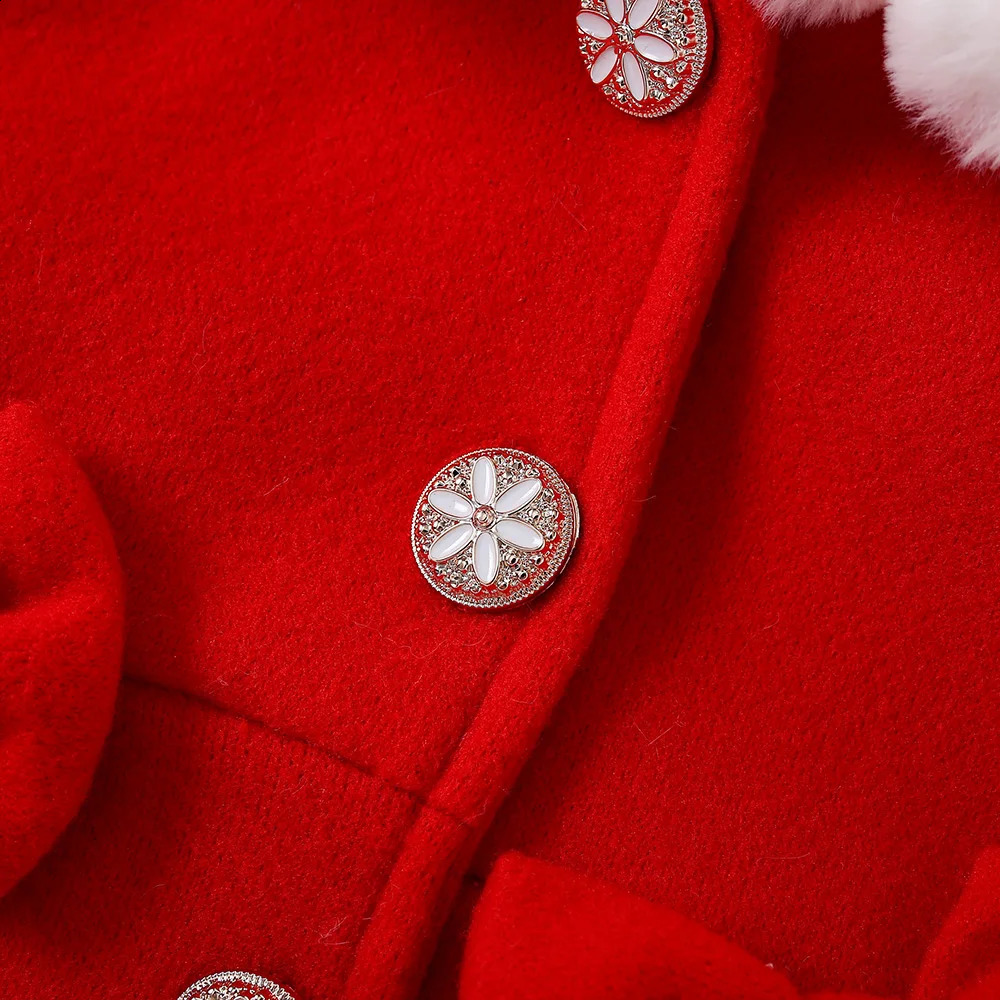 Autumn Winter Outfit For Baby Girl Plush Doll Collar Bow Red Woolen Coat Fashion Baby Coat 241223