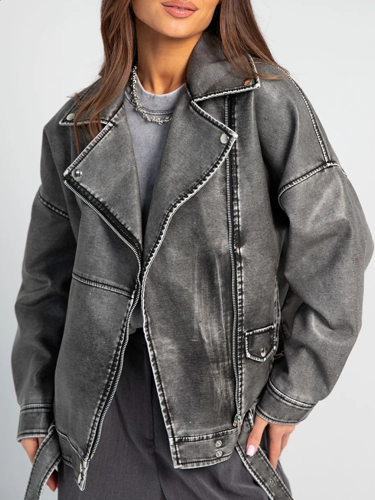 Ailegogo Spring Autumn Women Vintage Loose Faux Leather Jacket Streetwear Female Retro Zipper Belt Coat Outwear 241218