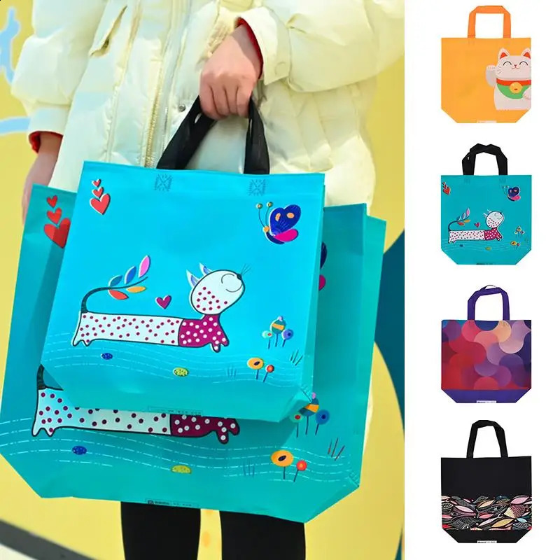 Nonwoven Fabric Shopping Bag For Women Printed Folding Eco Travel Grocery Reusable Film Coated Storage Bags Pouch 241213