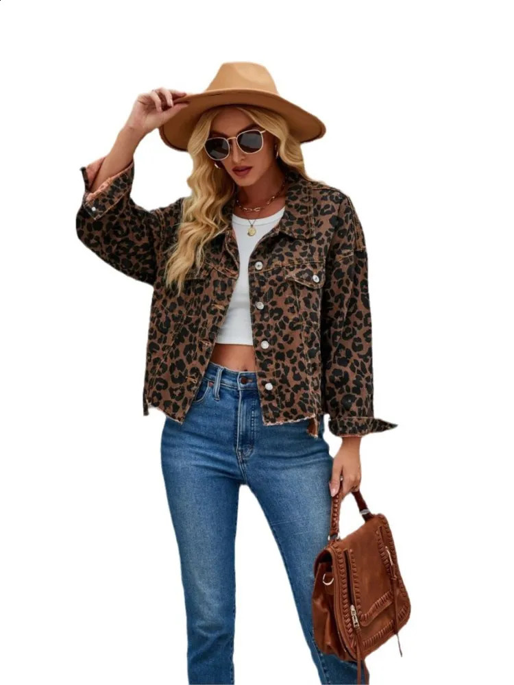 Trend Leopard Print Denim Coat Women Autumn Winter Fashion Casual Commuting Lapel Long Sleeve Short Jacket Female Streetwear 241223