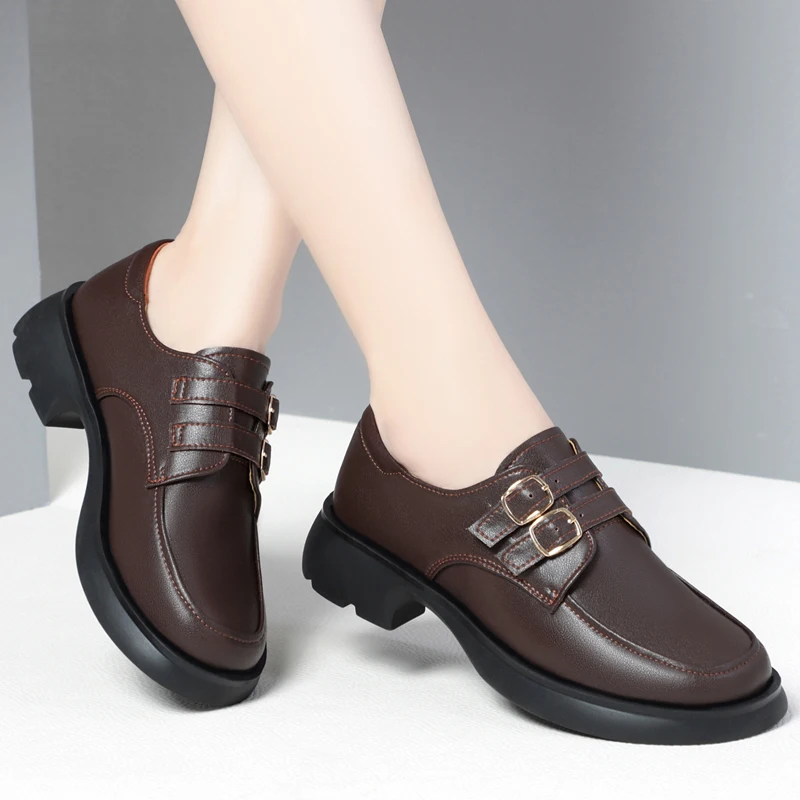 AIYUQI Women Shoes Fur British Style Fall Genuine Leather Women Loafer Shoes Retro Mid-heel Women Shoes