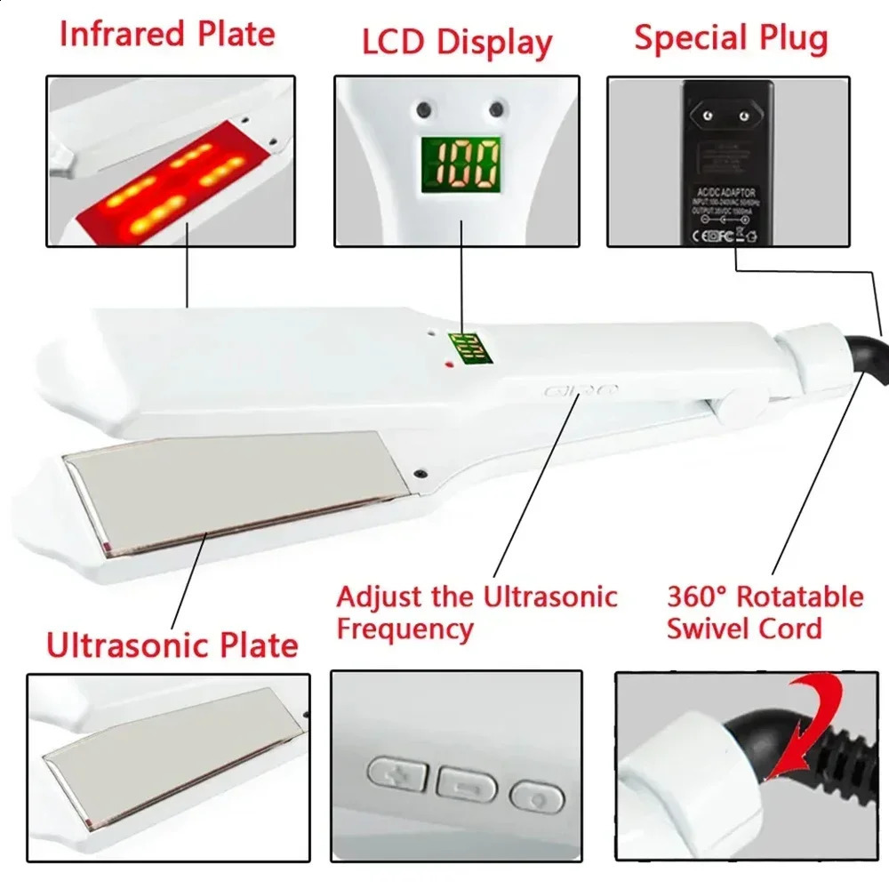 Professional Cold Hair Straightener Infrared and Ultrasonic Salon Care Treatment for Frizzy Dry Recovers Damage Flat Iron LED 241224