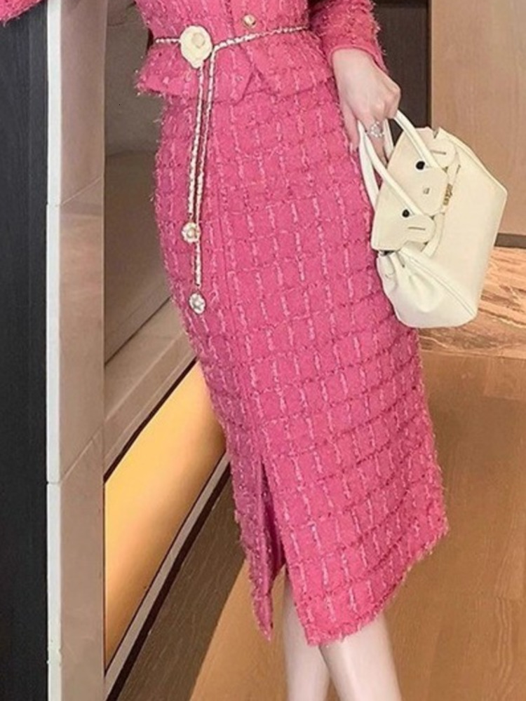 Elegant Pink Tweed Cardigan Top Split Skirt Fashion All-Match Two-Piece Set Women 2025 New Spring Summer