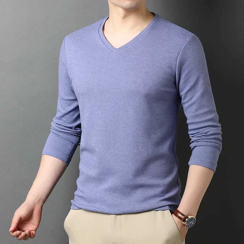 Boreathiman Top Quality New Fashion Brand Solid Color Plain T-shirt V-neck Long Sleeve Mens Cotton Casual Mens Wear W241223