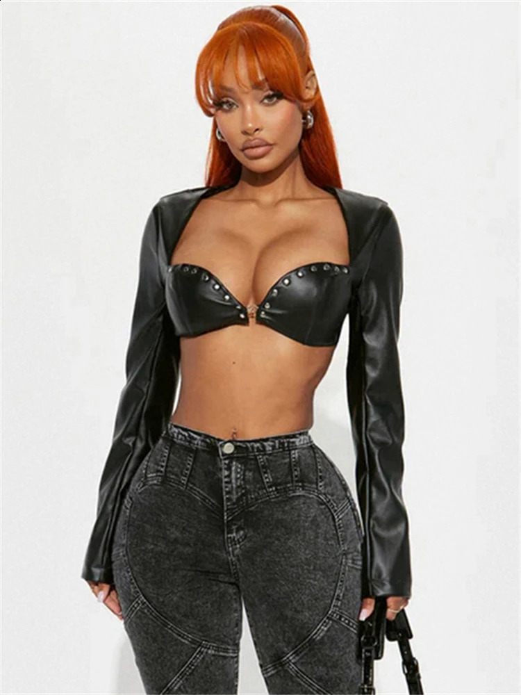 Habbris Spring Womens Black Faux Leather Crop Top Rock Rave Outfit 2025 Trendy Studded Long Sleeve Sweetheart Neck Racing Jacket 241218