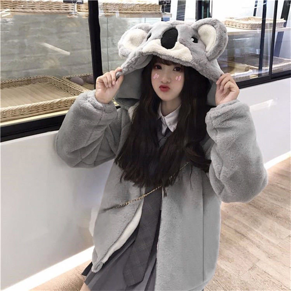 Warm Winter Plush Zip Hoodie With Cute 3D Cartoon Toy Koala Hat For Girl Women Gray Thick Bear Ears Loose Sweatshirt