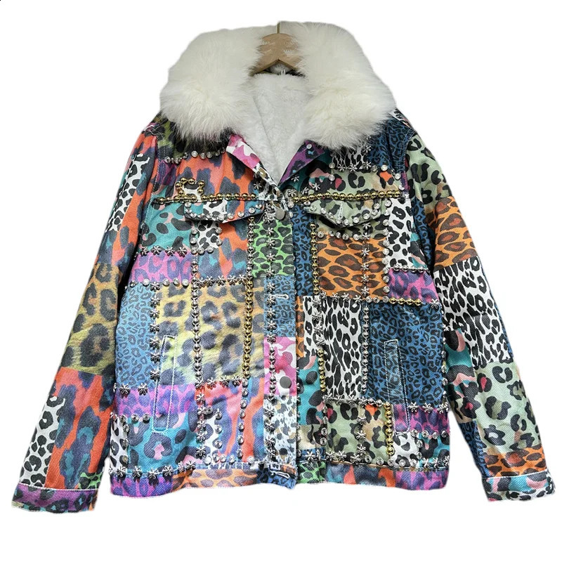 Winter Thick Big Fur Collar Fleece Liner Denim Jacket Women Outwear Loose Short Rivet Beading Leopard Print Jeans Jacket Female 241223