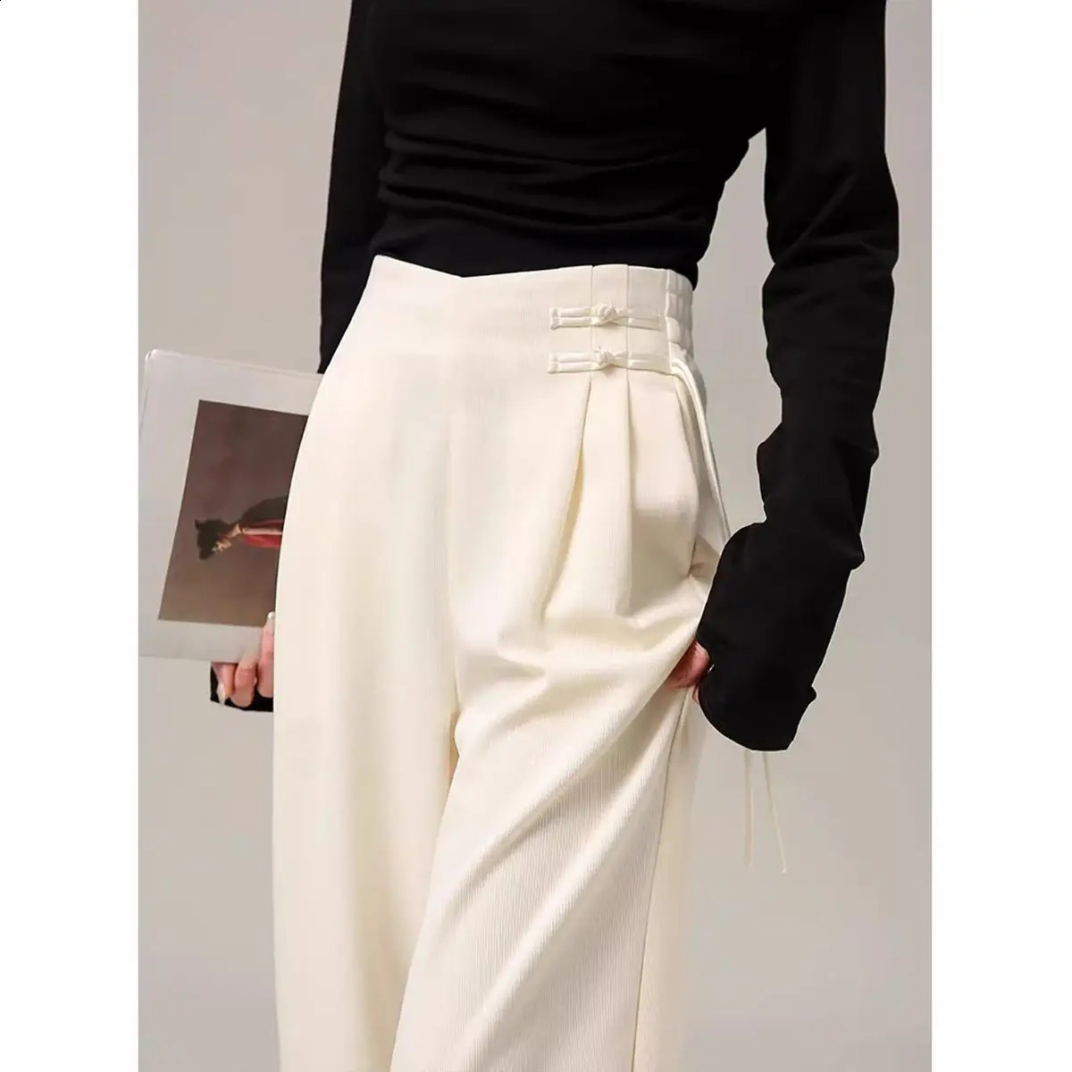 Chinese Style Buckle Pants with High Waist and Slimming Effect Straight Tube n Casual Suit Pants for Women 241220