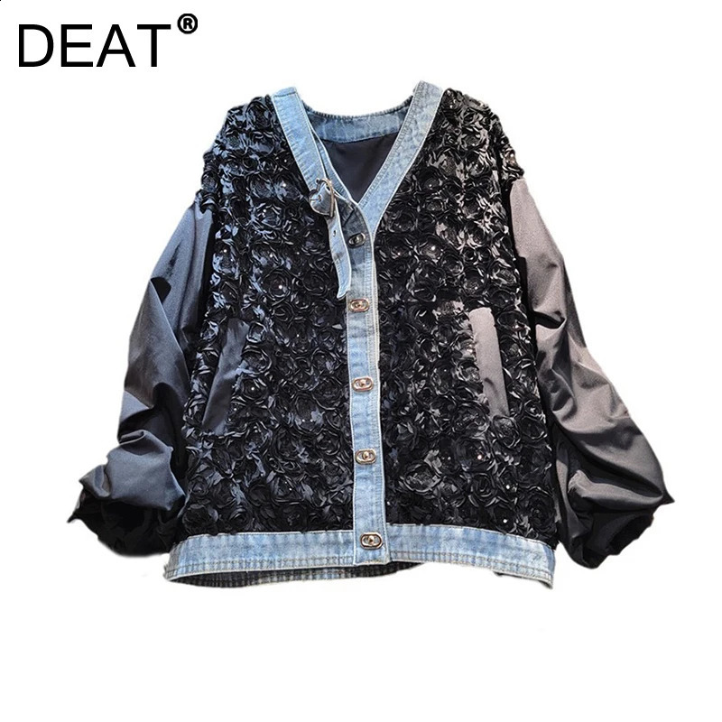 DEAT Womens Coat Patchwork Denim Pleated Flowers Sequins Gold Buttons Loose Elegant Jackets 2025 Spring Fashion 29L9418 241218