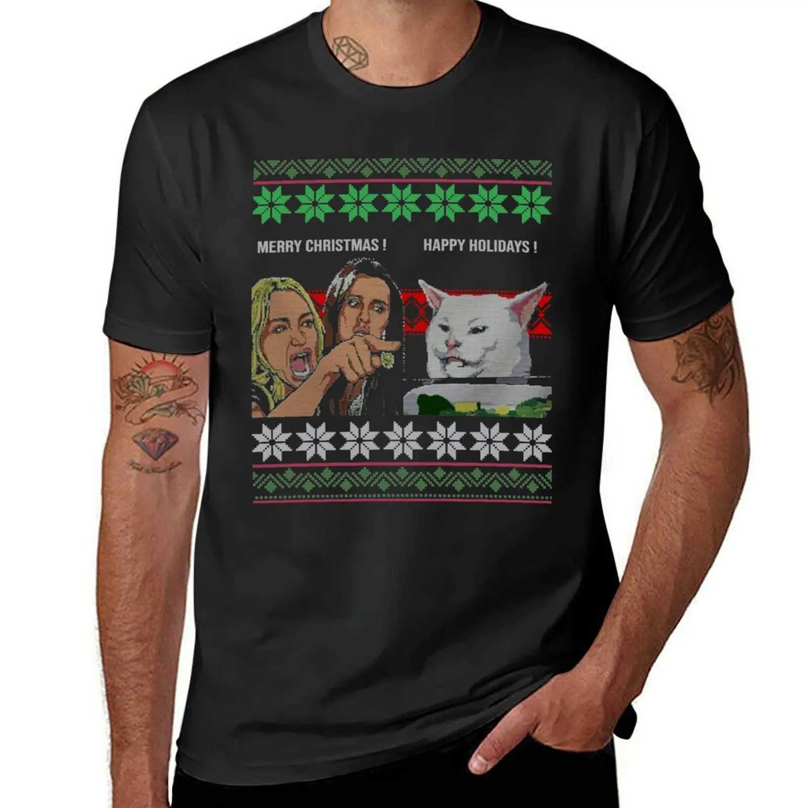 Women Scream Ugly Christmas Gift T-shirt on Cat Meme Summer Top New Version Mens Solid Color T-shirt W241223