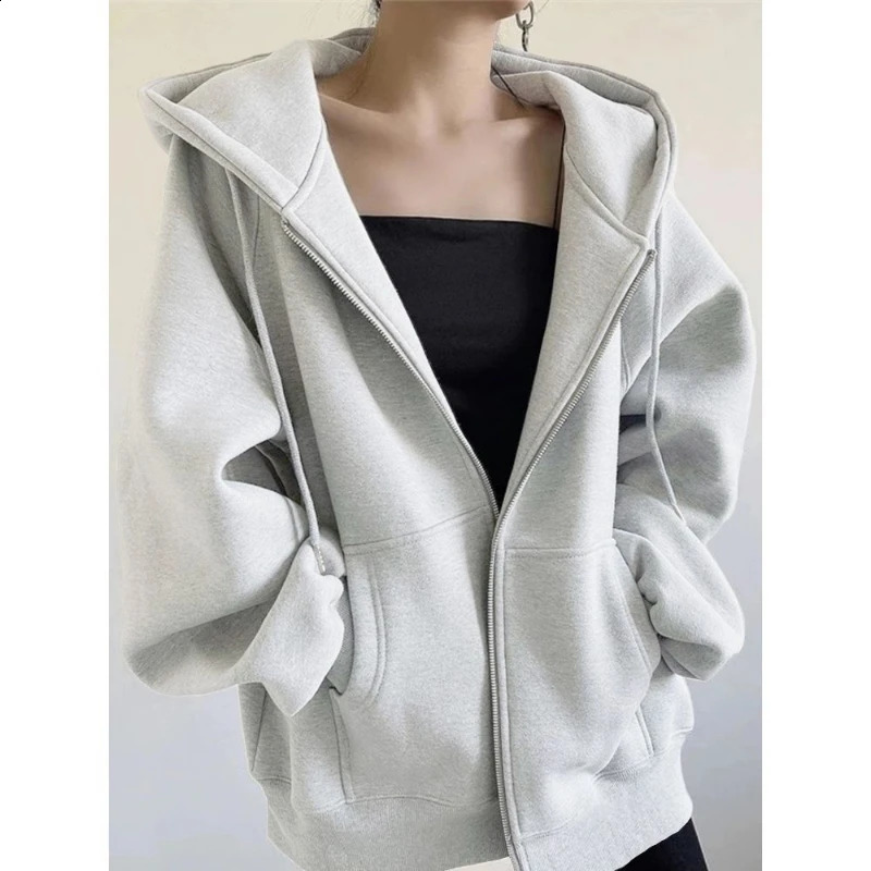 Autumn and Winter Plush Thick Hoodie Hoodie Zipper Womens Loose Sweater Lazy Style Simple Full Match Top 241224