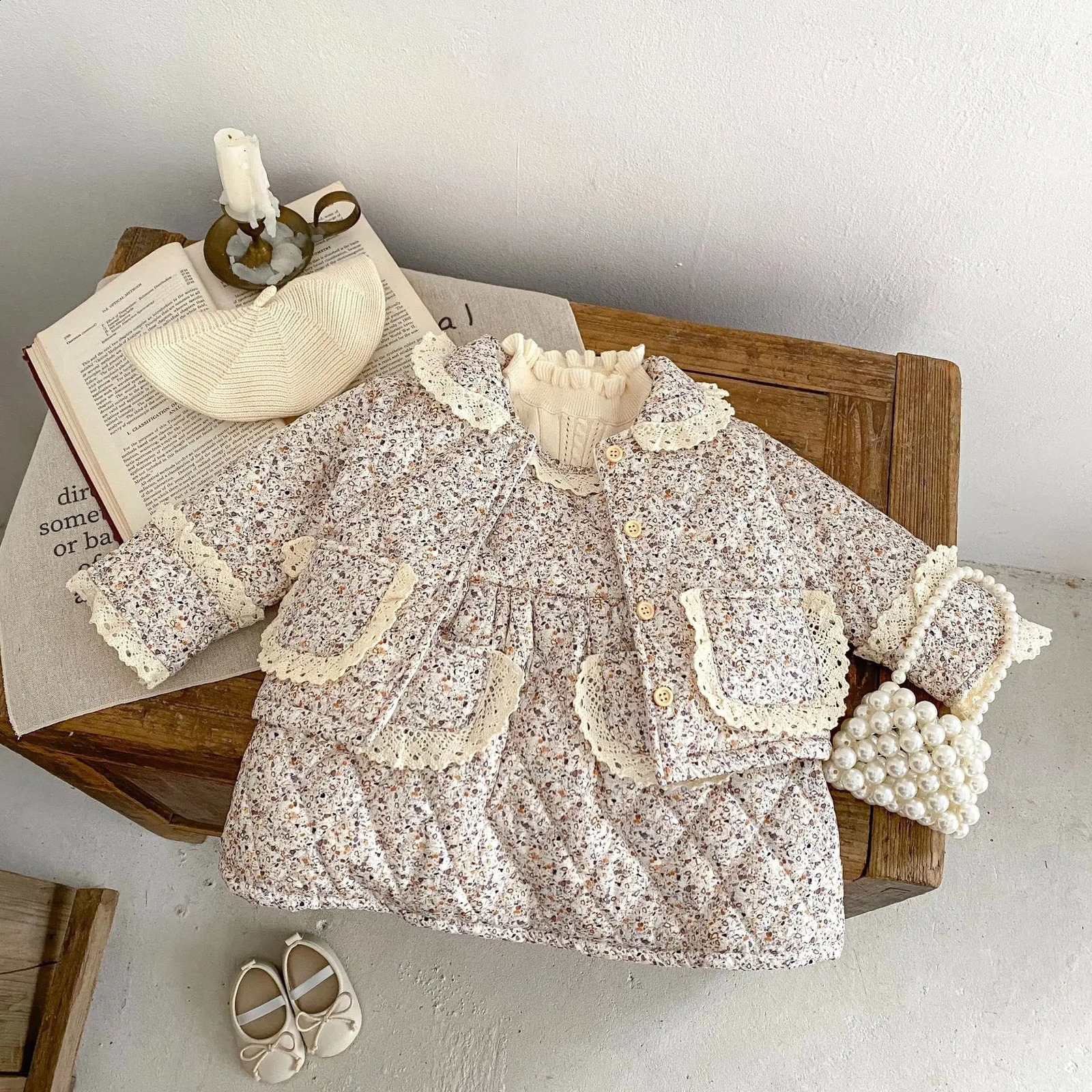 2025 Winter Baby Girl Floral Coat Long Sleeve Infant Girl Cotton Padded Jacket Lace Collar Toddler Warm Coat Kids Clothes 241223
