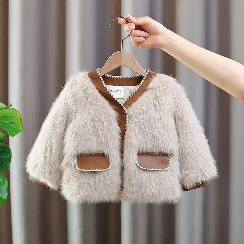 Baby Girls Coats Fashion Sweet Leather Fur Coat Autumn Childrens Thicken Keep Warm Coats 241223