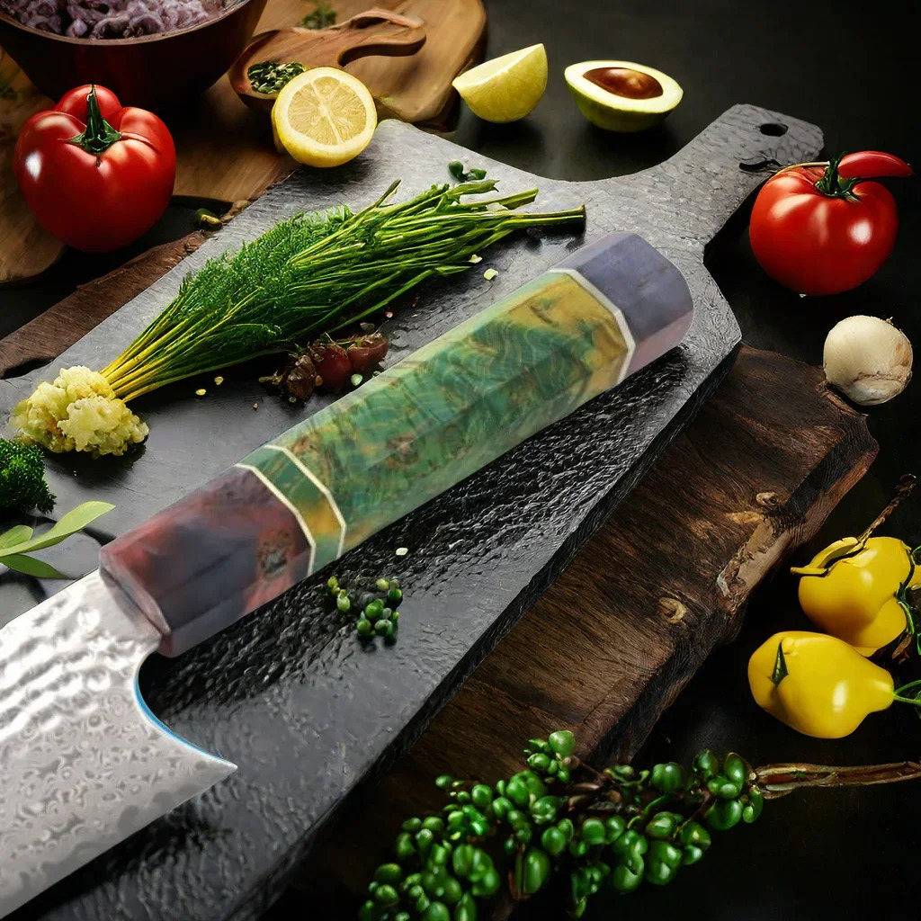 8-inch Japanese knife 45 layer Damascus steel colored wooden handle kitchen knife meat/vegetable cutter/multi-purpose knife 241224