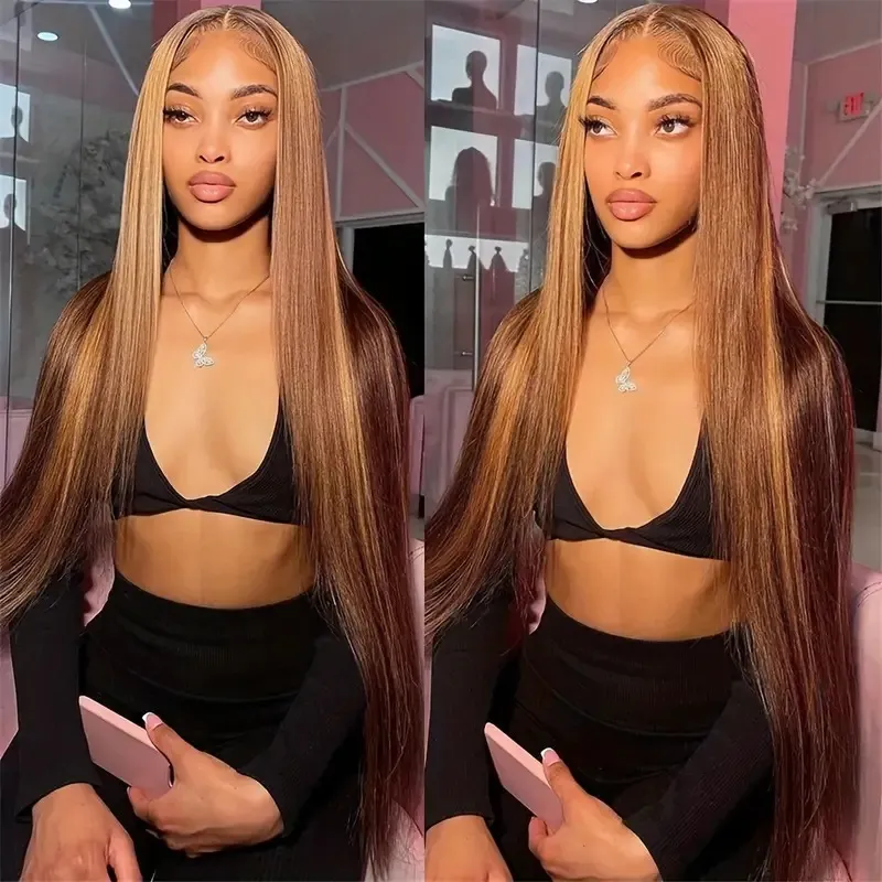 Black Straight Highlight 13x4 Front Similar to Real Human Hair Wigs Blonde Frontal for Women Transparent HD Lace Glueless Synthetic Wig PrePlucked