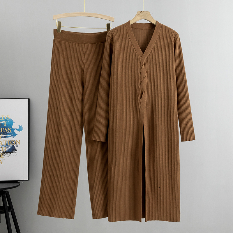New Spring Autumn Knitted Pullover Sweater Wide Leg Pants Sets For Women 2 Pieces Home Suit Women's Clothing