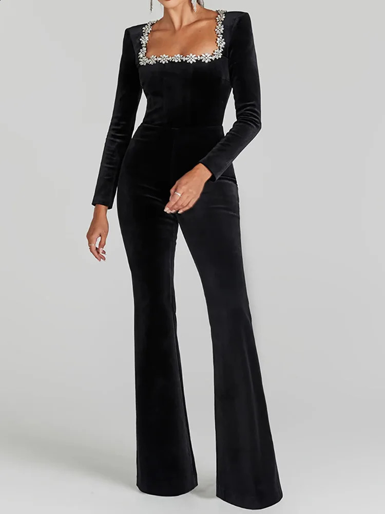 Women Spring Holiday Slim Fit Long Sleeve Velvet Jumpsuits Solid Square Collar Elegant Flare Pants Casual Ladies Playsuits 241224