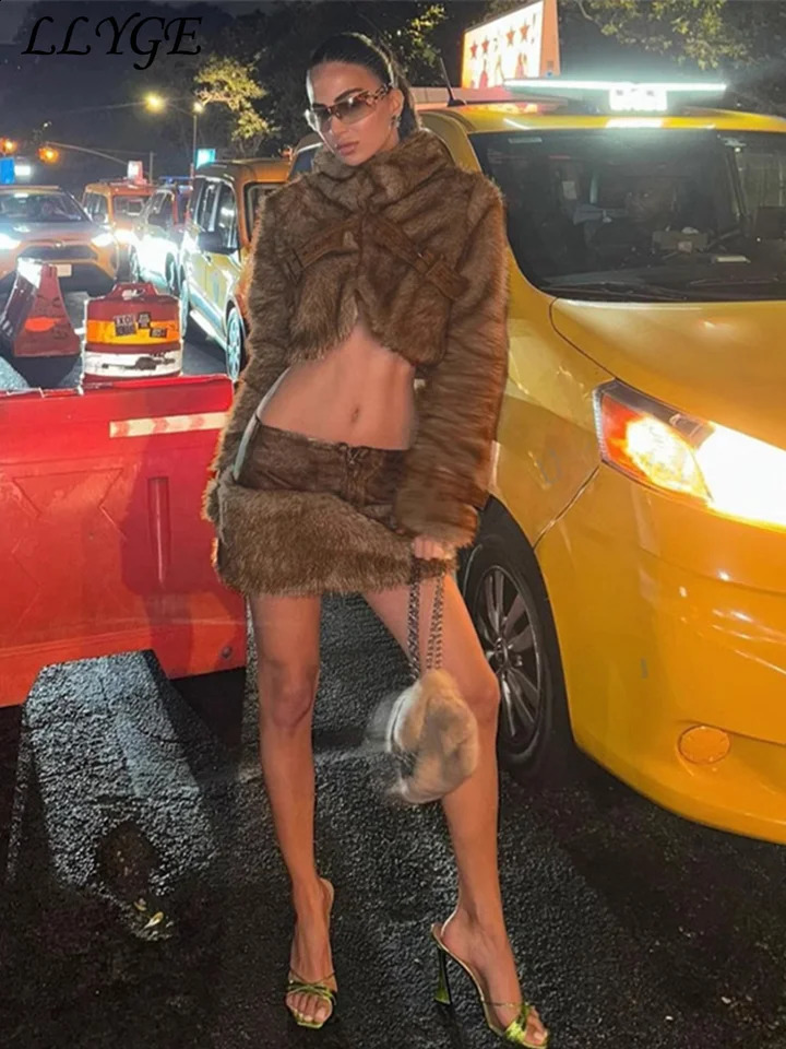Sexy Crop Fur Coat Mini Skirt Sets Women Lapel Full Sleeve Coats Patchwork Leather Skirts Autumn Winter Lady Street Outfits 241220