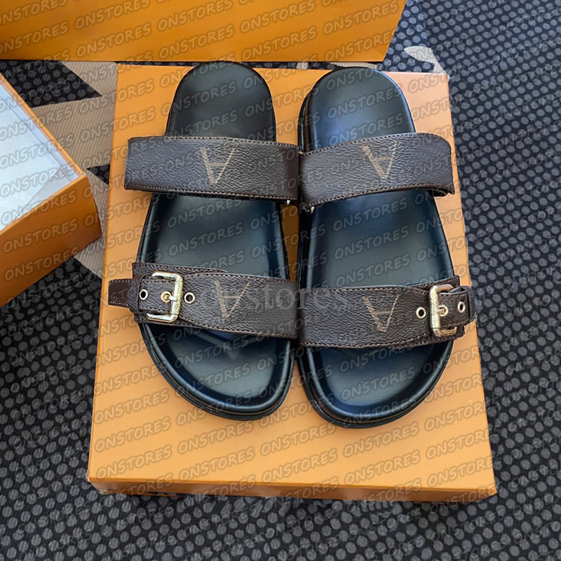 Bom Dia Genuine Leather luis viutonity sandal Slipper Shoe summer beach gladiator Mules hasp New womans Flat sandles Heels Slide luxury Designer Sliders sandale 001