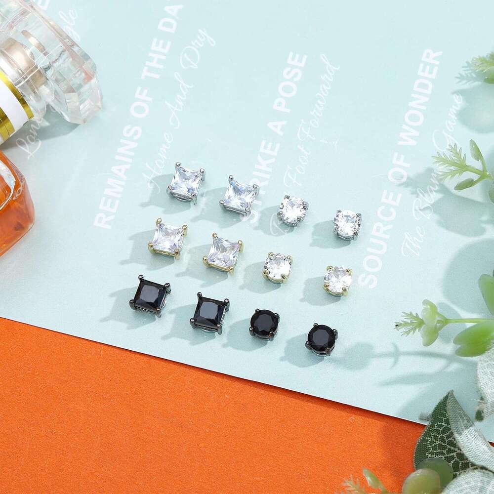 6 Pairs Stainless Steel Stud Clip on Non Piercing Unisex CZ Magnetic Dia Earrings for Women Men