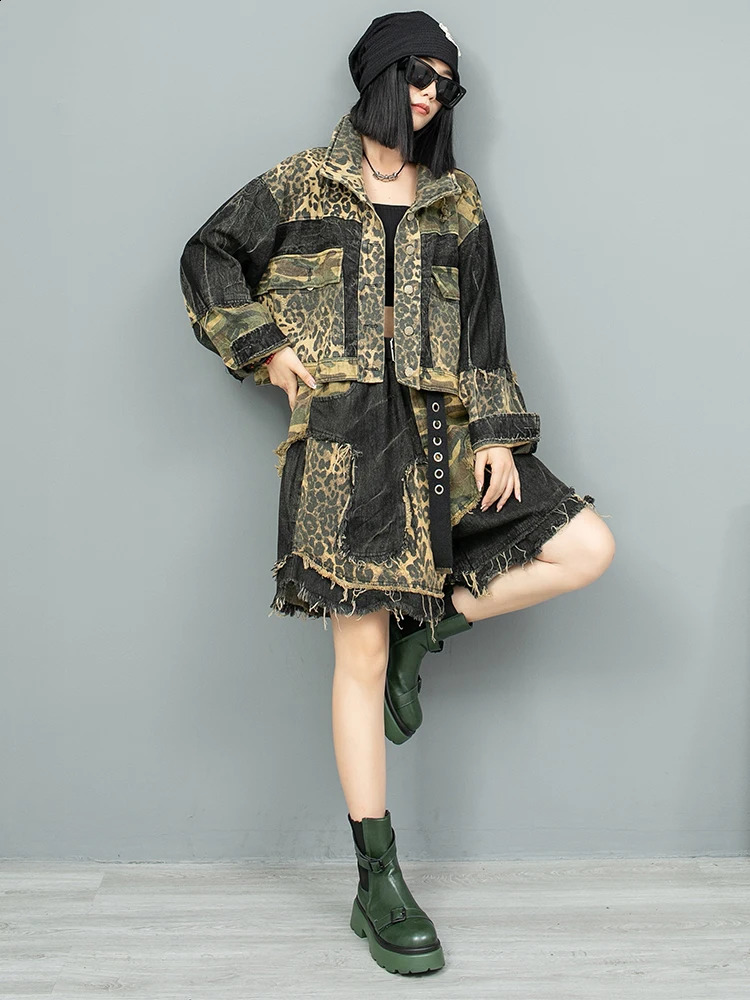 Early Autumn Leopard Print Patchwork Long Sleeved Denim Jacket Women LX1901 241223