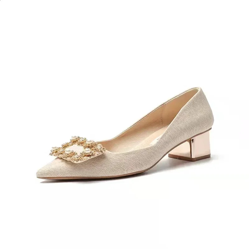 High Heels Shoes Women Spring Korean Edition Pearl Rhinestone Pointed Toe Womens Shoes Chunky Heels Pumps Zapatillas Mujer 241223