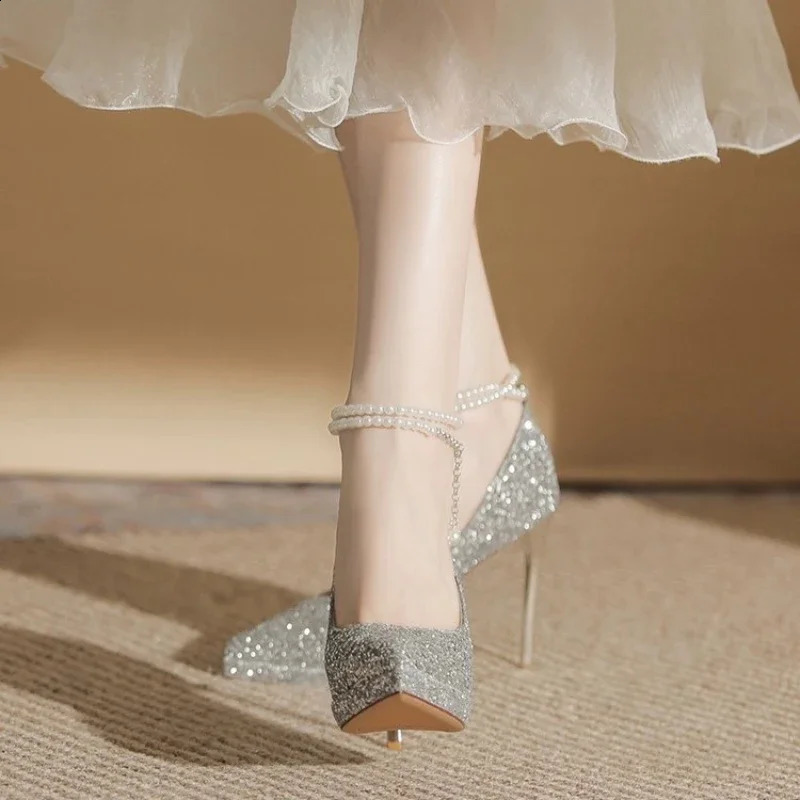 Womens Wedding Crystal Glitter Pump Womens Party Sparkling High Heels Womens High Heels Pearl Chain Shoes 241223