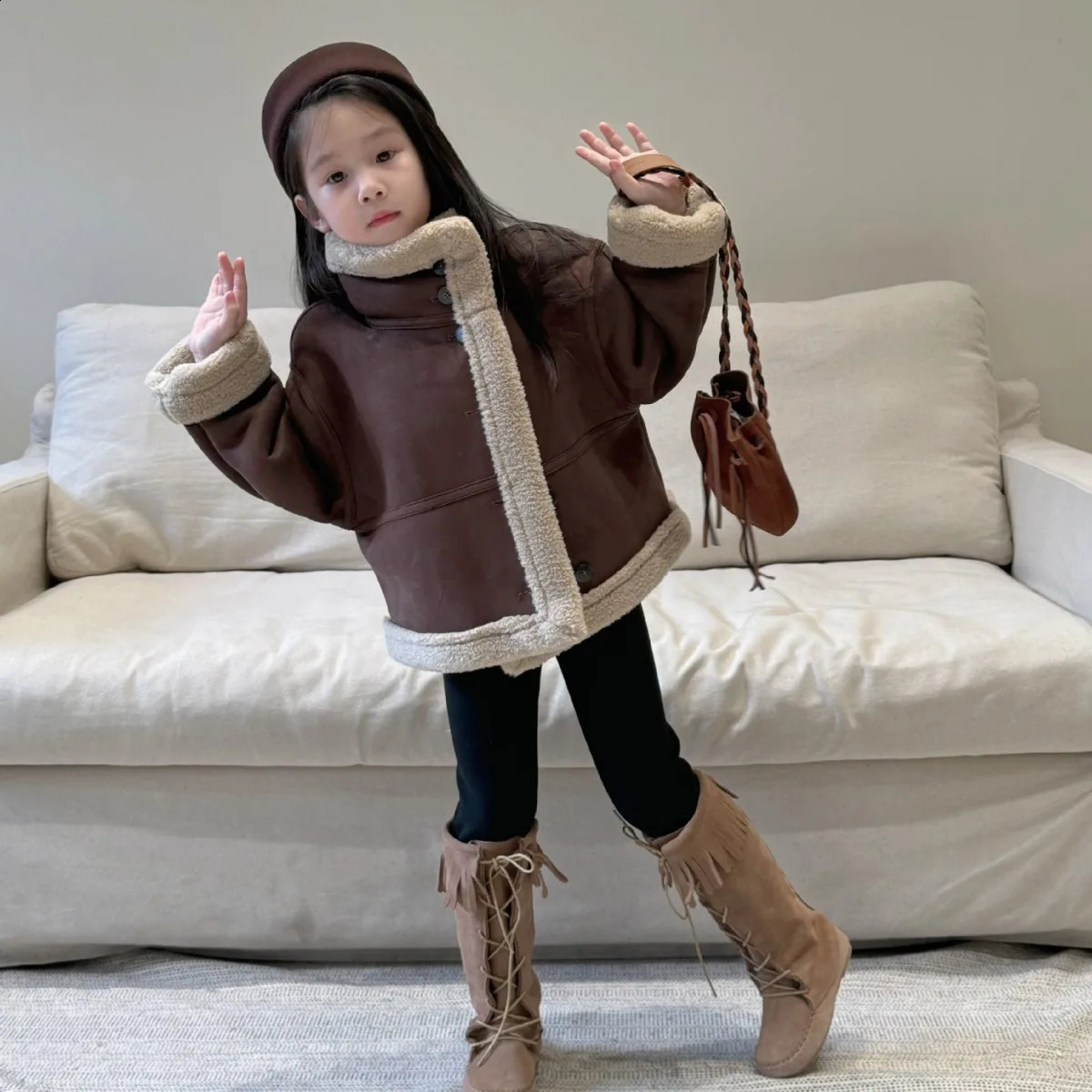 Kids Top Autumn Winter Thick Motorcycle Jacket Children Solid Fur Top Kid Outerwear Long Sleeve Coats Leather Clothing 241223