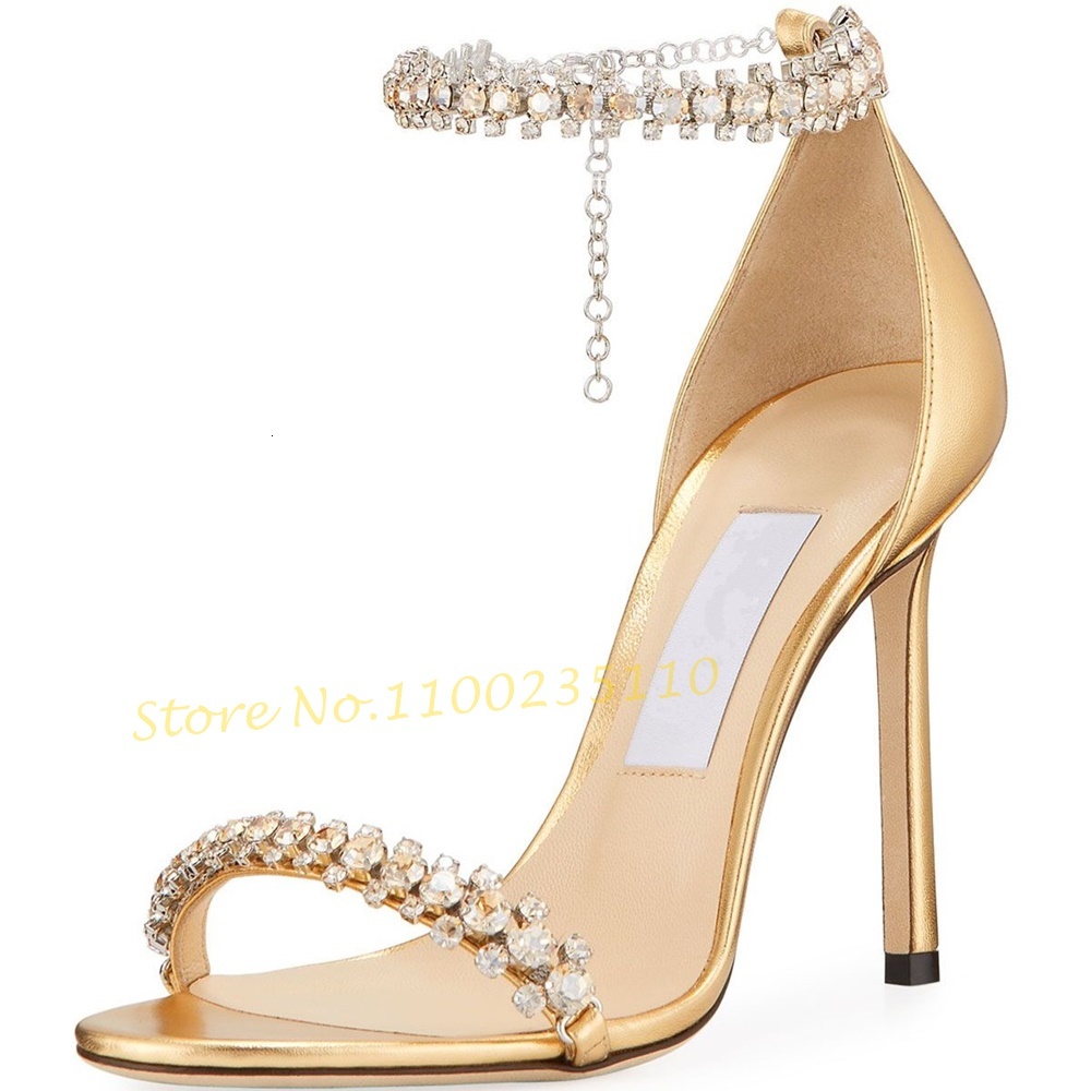 Crystal Ankle Wrap Sandals Female Full Drill Chain Bg Stiletto High Heels Evening Women Summer Trend Shoes