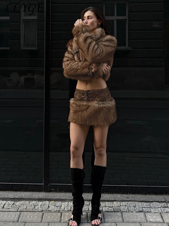 Sexy Crop Fur Coat Mini Skirt Sets Women Lapel Full Sleeve Coats Patchwork Leather Skirts Autumn Winter Lady Street Outfits 241220