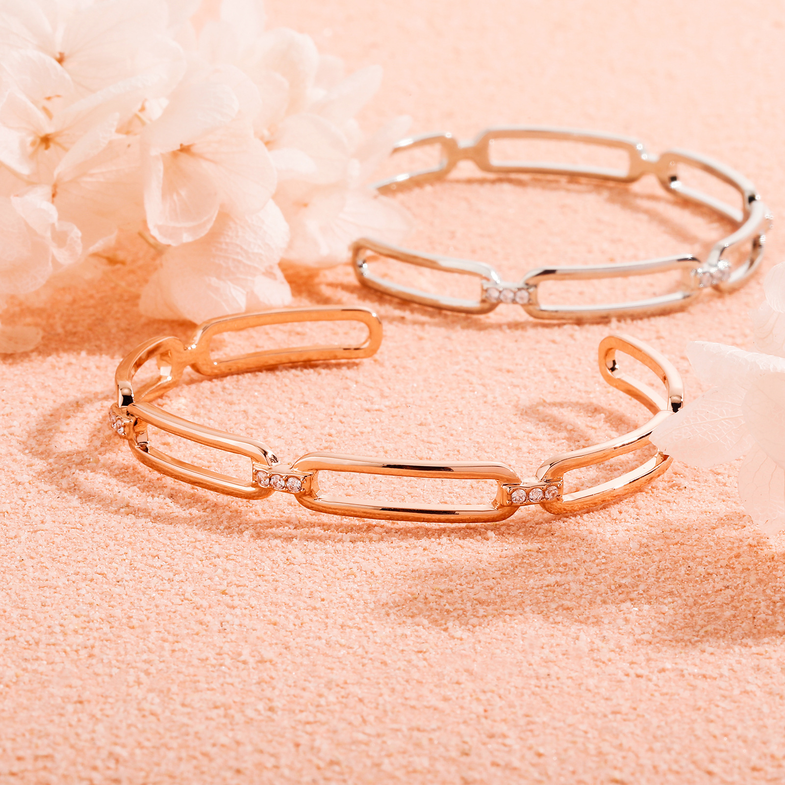 White Gold And Rose Gold Two Tone Open Cuff Bracelets Set Female Ins Hip Hop Hollow Chain Simple Design Bangle Bling Cubic Zirconia Jewelry Bijoux Pul