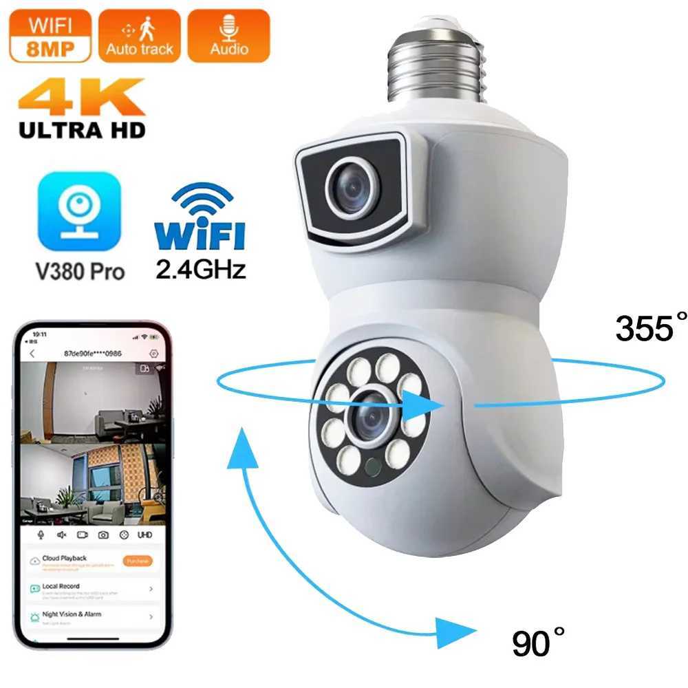 E27 Bb WiFi Camera 4K 8MP Dual Lens Dual Sn Auto Tracking Two Way Au Color Night Vision Outdoor Security Camera v380pro Z241224