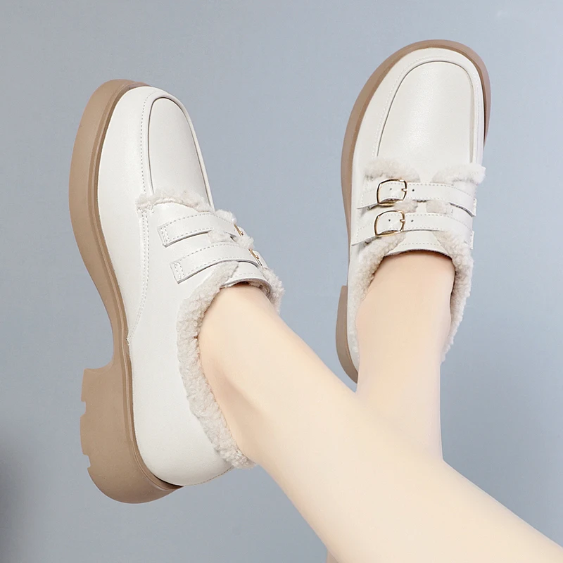 AIYUQI Women Shoes Fur British Style Fall Genuine Leather Women Loafer Shoes Retro Mid-heel Women Shoes