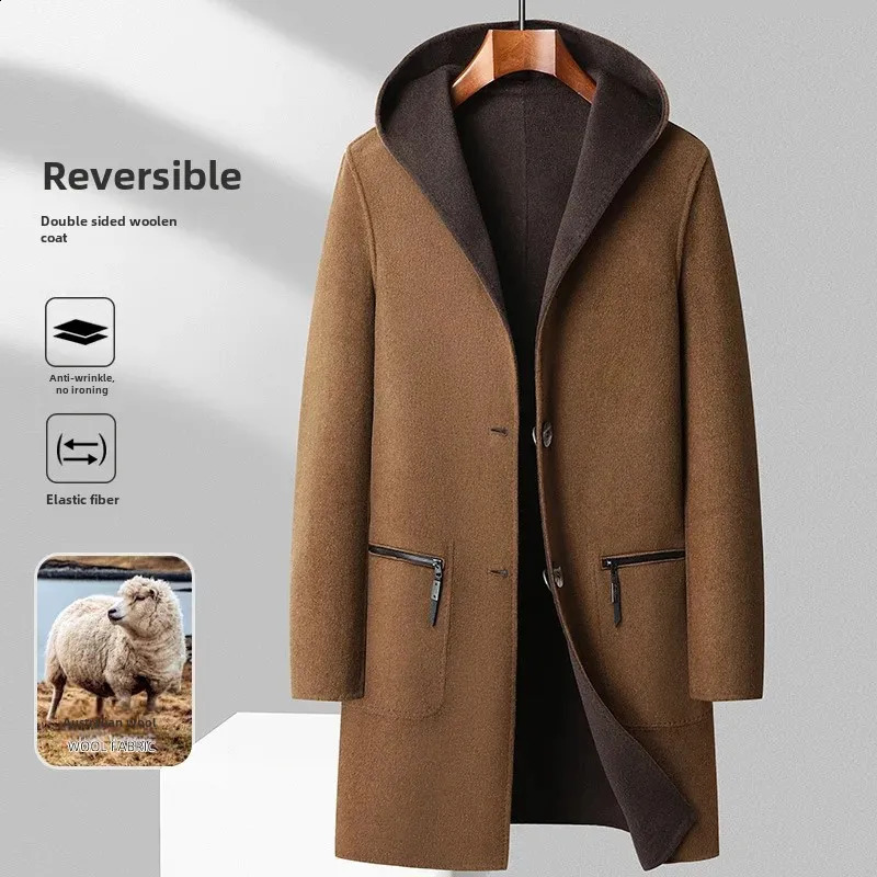 2023 AutumnWinter Mens Large Pocket MediumLength Woolen Jacket Hooded DoubleSided Handmade Overcoat 241220