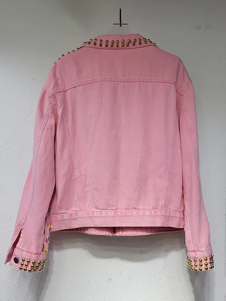 DEAT Womens Denim Coat Heart Diamonds Lapel Gold Rivet Pink Zipper Beading Single Breasted Jackets 2025 Spring Fashion 241223