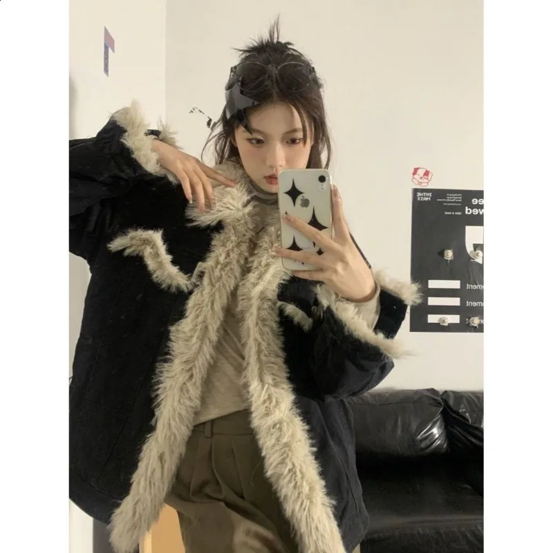 American retro fur collar black open collar denim jacket for womens autumn and winter plush thick fashion street casual jacket 241219