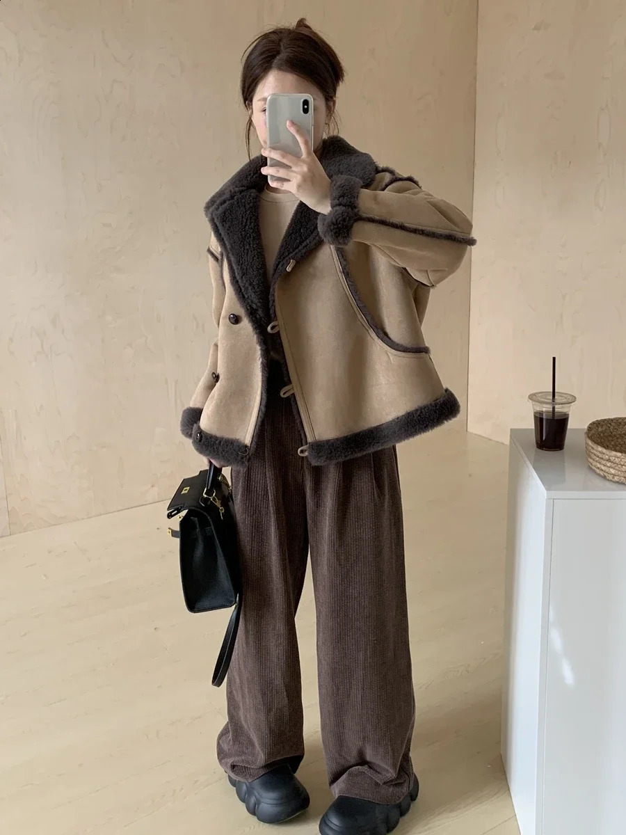 Korean fur integrated suede lamb wool locomotive clothing autumn and winter short jacket womens coat 241218